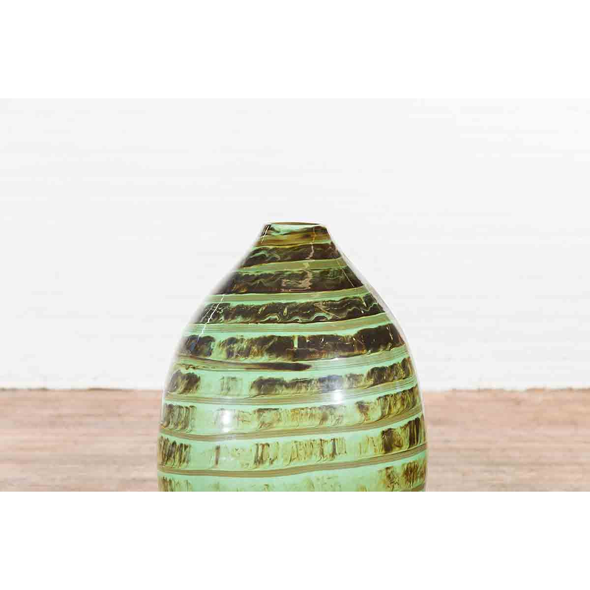 Artisan Contemporary Green and Brown Glaze Ceramic Vase with Spiral Decor-12. Asian & Chinese Furniture, Art, Antiques, Vintage Home Décor for sale at FEA Home