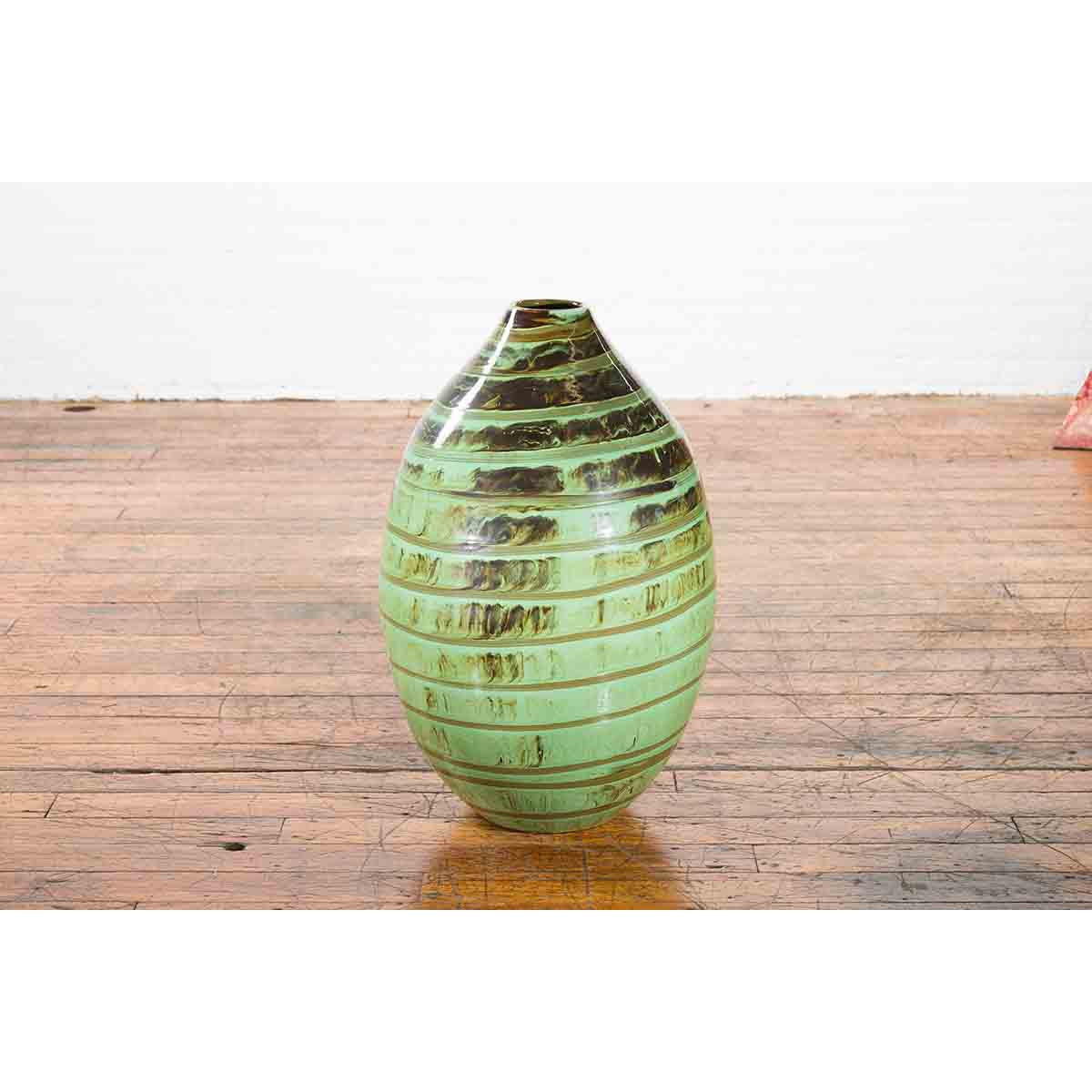 Artisan Contemporary Green and Brown Glaze Ceramic Vase with Spiral Decor-4. Asian & Chinese Furniture, Art, Antiques, Vintage Home Décor for sale at FEA Home