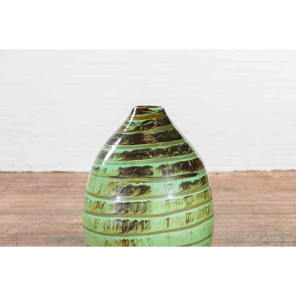 Artisan Contemporary Green and Brown Glaze Ceramic Vase with Spiral Decor-6. Asian & Chinese Furniture, Art, Antiques, Vintage Home Décor for sale at FEA Home