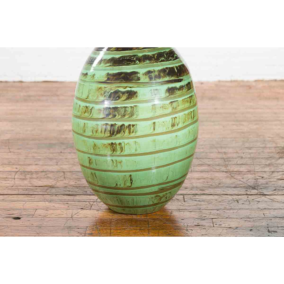 Artisan Contemporary Green and Brown Glaze Ceramic Vase with Spiral Decor-7. Asian & Chinese Furniture, Art, Antiques, Vintage Home Décor for sale at FEA Home