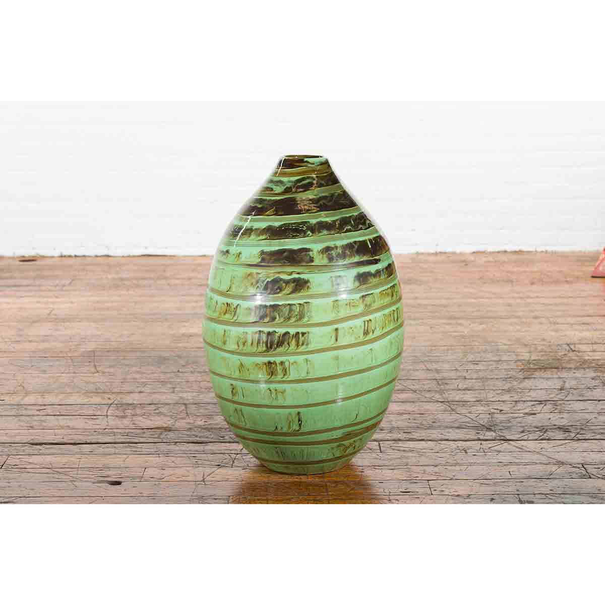 Artisan Contemporary Green and Brown Glaze Ceramic Vase with Spiral Decor-8. Asian & Chinese Furniture, Art, Antiques, Vintage Home Décor for sale at FEA Home