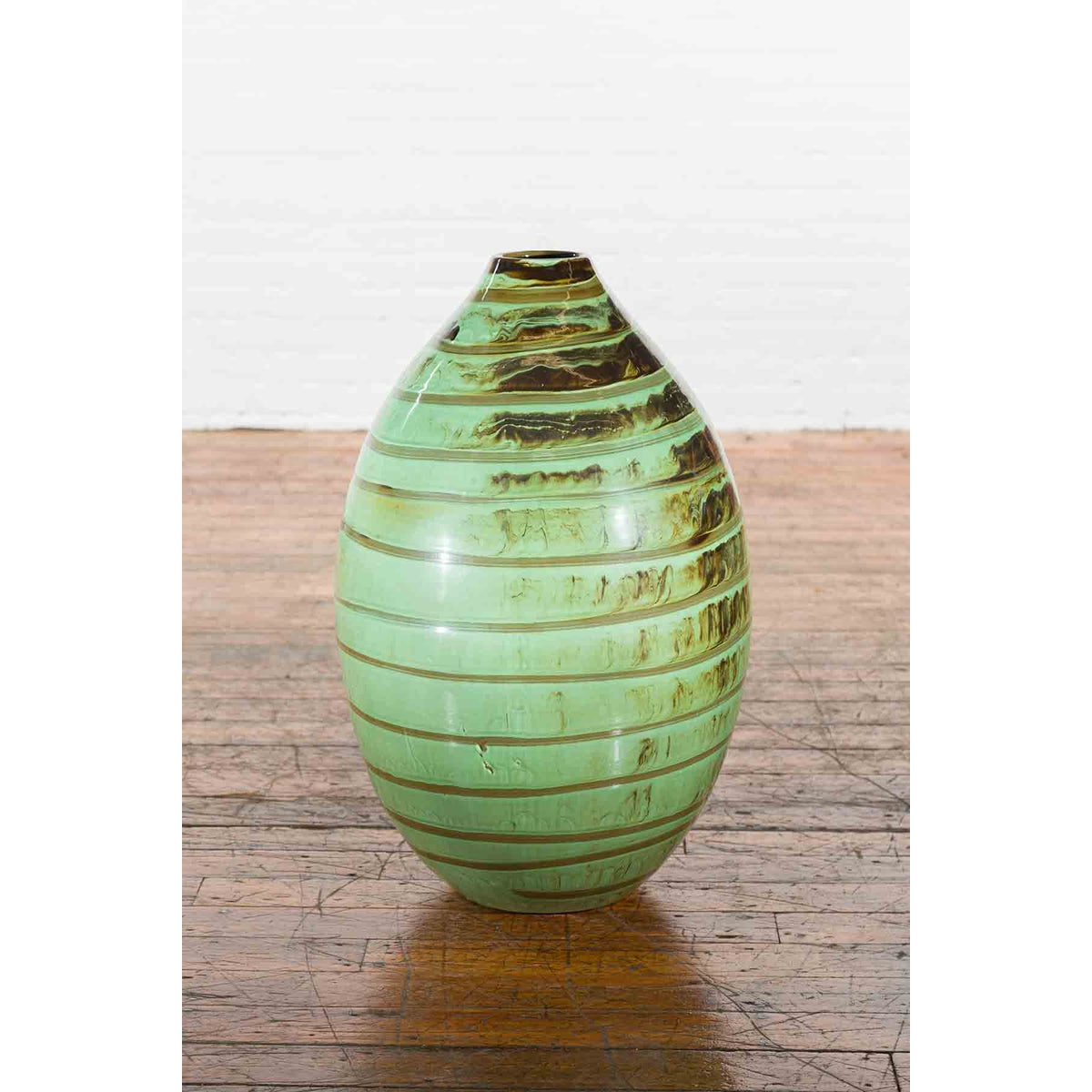 Artisan Contemporary Green and Brown Glaze Ceramic Vase with Spiral Decor-9. Asian & Chinese Furniture, Art, Antiques, Vintage Home Décor for sale at FEA Home