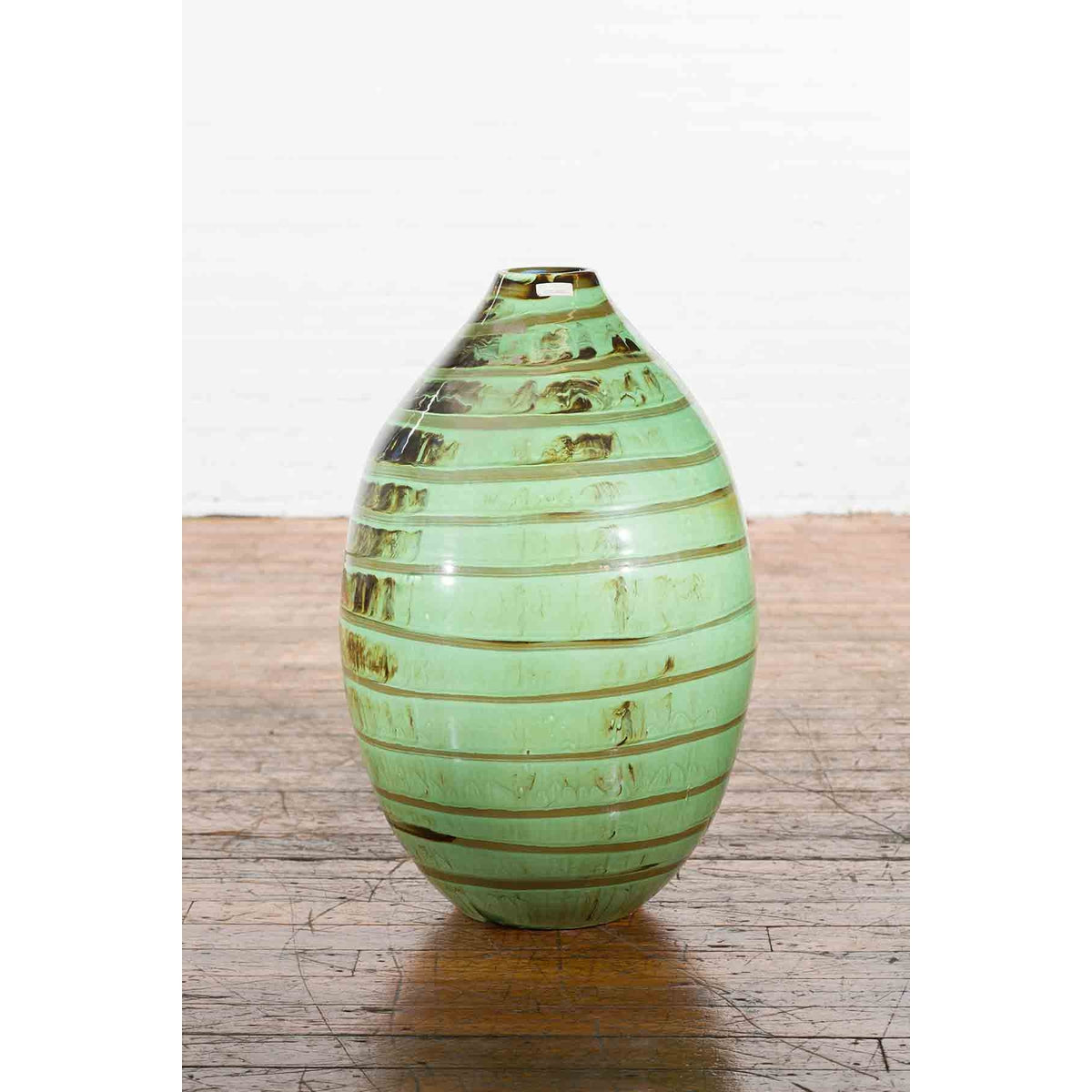 Artisan Contemporary Green and Brown Glaze Ceramic Vase with Spiral Decor-10. Asian & Chinese Furniture, Art, Antiques, Vintage Home Décor for sale at FEA Home