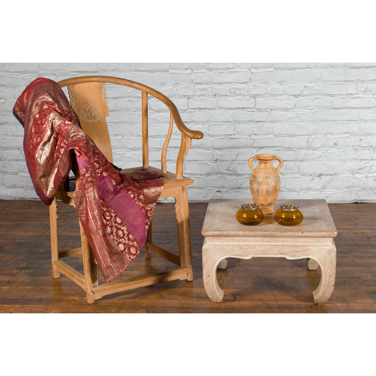 Vintage Thai Whitewashed Low Drinks Table with Carved Apron and Chow Legs-4. Asian & Chinese Furniture, Art, Antiques, Vintage Home Décor for sale at FEA Home
