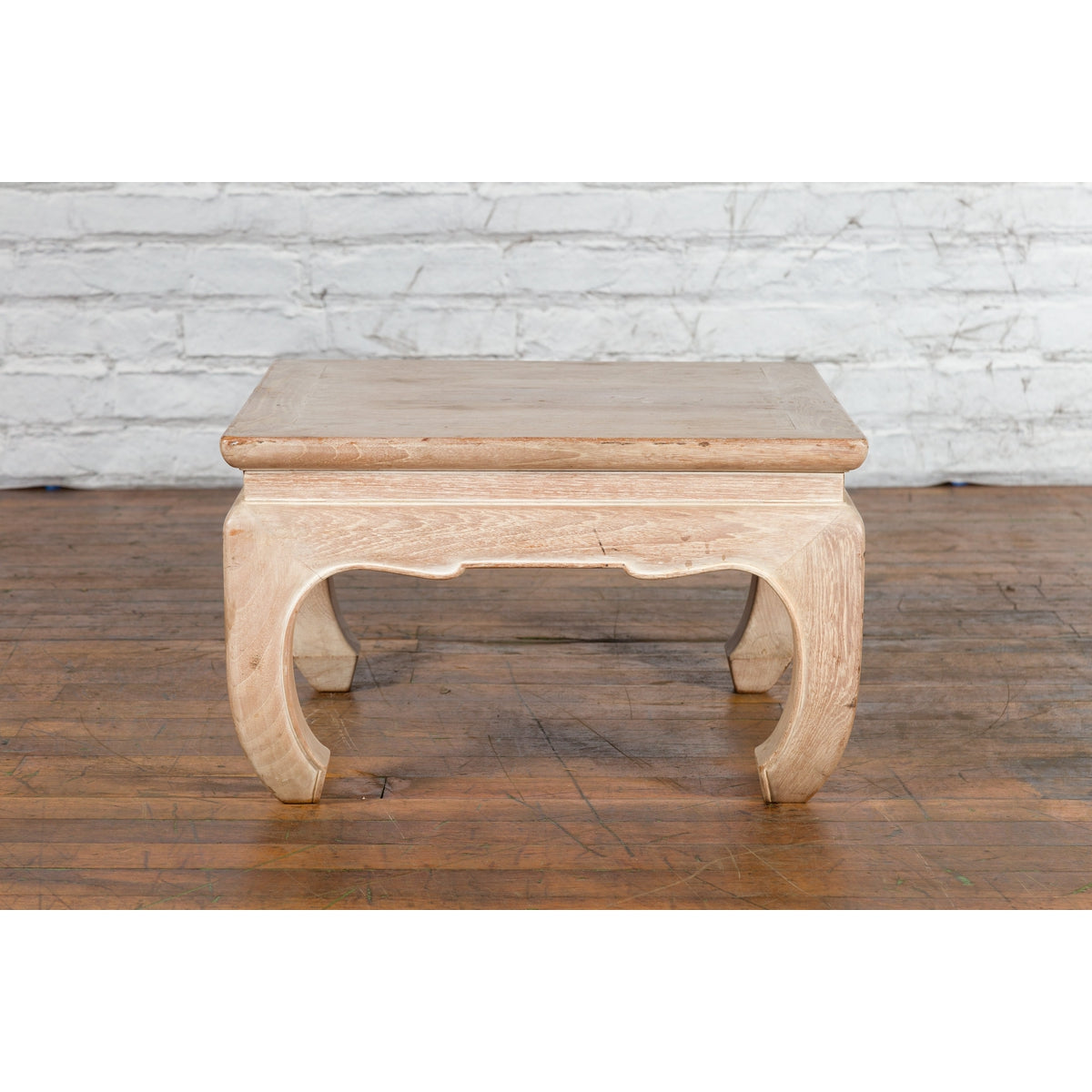 Vintage Thai Whitewashed Low Drinks Table with Carved Apron and Chow Legs-5. Asian & Chinese Furniture, Art, Antiques, Vintage Home Décor for sale at FEA Home