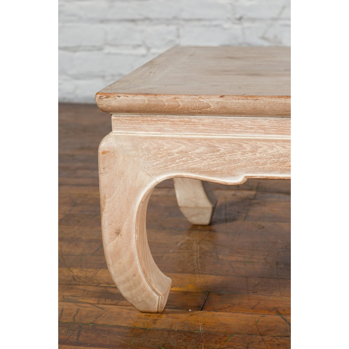 Vintage Thai Whitewashed Low Drinks Table with Carved Apron and Chow Legs-8. Asian & Chinese Furniture, Art, Antiques, Vintage Home Décor for sale at FEA Home