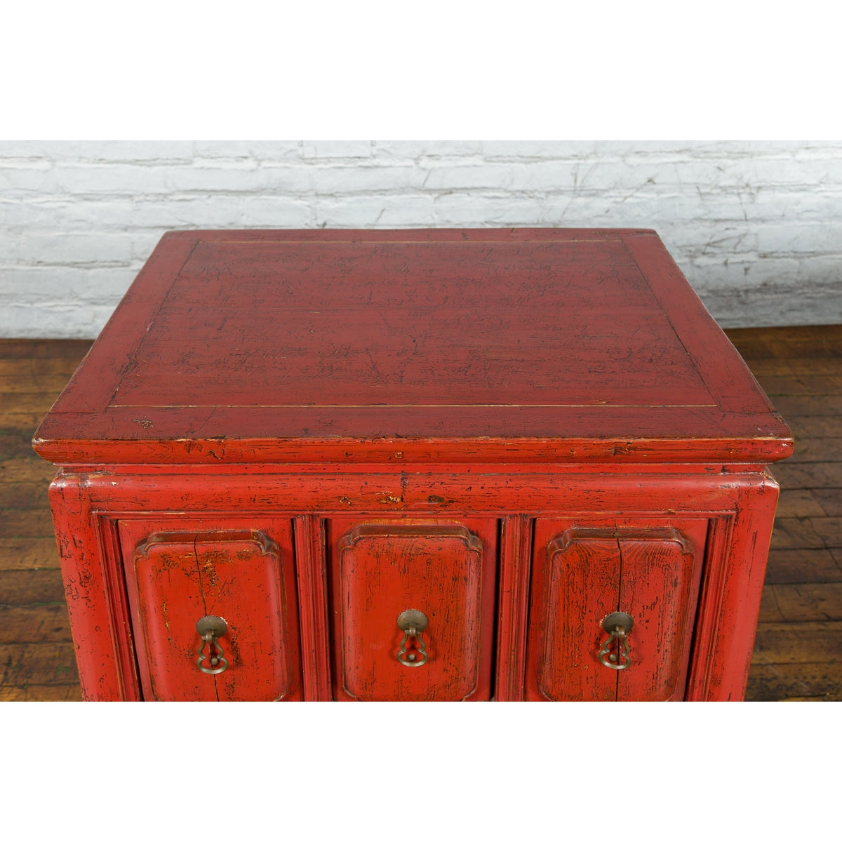 Chinese Qing Dynasty 19th Century Red Lacquer Side Chest with Five Drawers-11. Asian & Chinese Furniture, Art, Antiques, Vintage Home Décor for sale at FEA Home