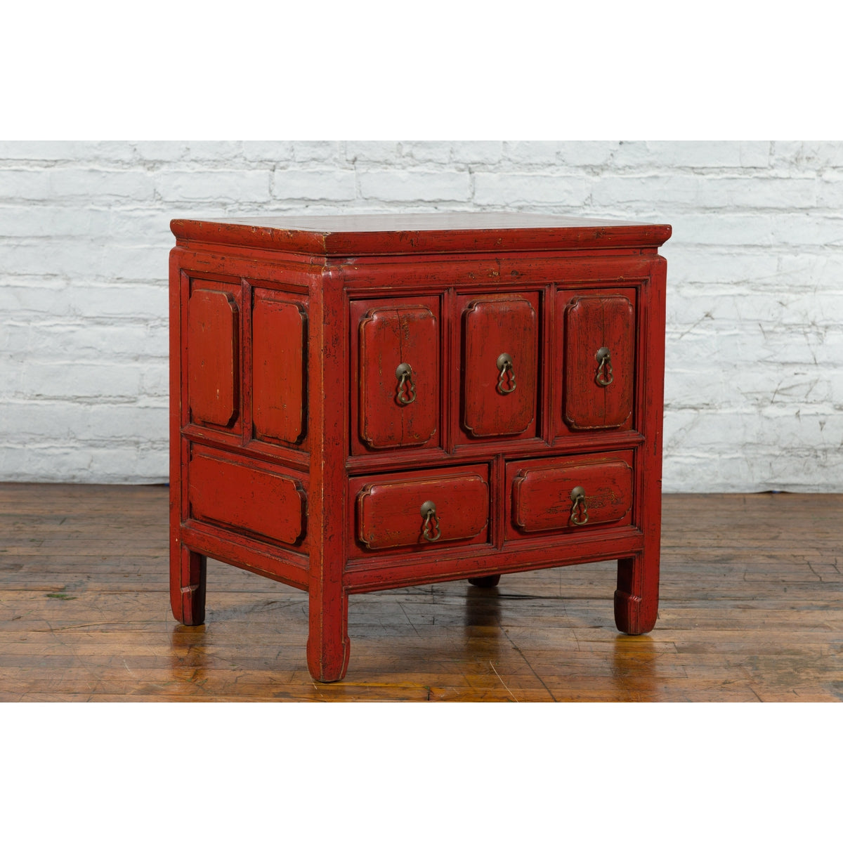 Chinese Qing Dynasty 19th Century Red Lacquer Side Chest with Five Drawers-12. Asian & Chinese Furniture, Art, Antiques, Vintage Home Décor for sale at FEA Home