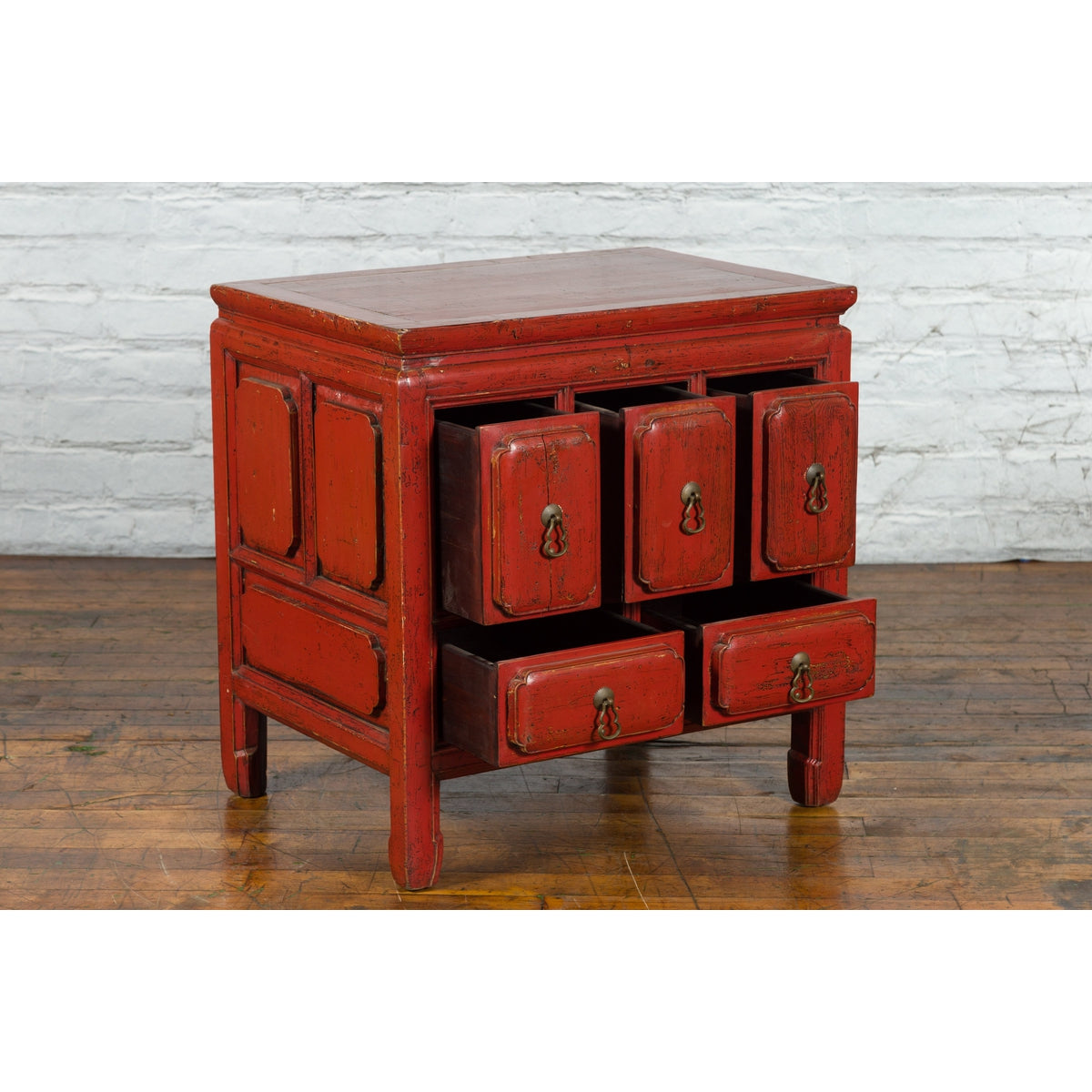 Chinese Qing Dynasty 19th Century Red Lacquer Side Chest with Five Drawers-13. Asian & Chinese Furniture, Art, Antiques, Vintage Home Décor for sale at FEA Home