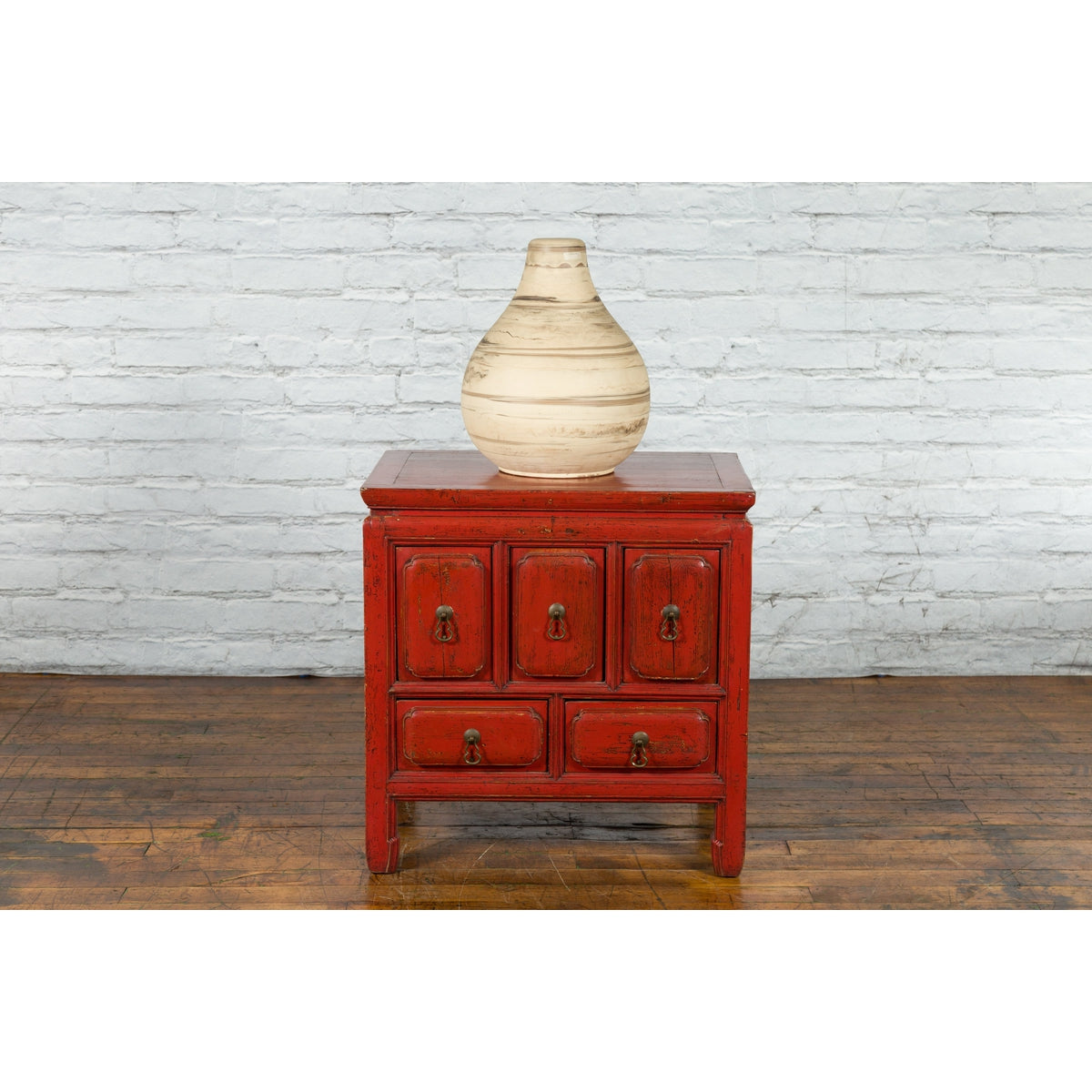 Chinese Qing Dynasty 19th Century Red Lacquer Side Chest with Five Drawers-3. Asian & Chinese Furniture, Art, Antiques, Vintage Home Décor for sale at FEA Home