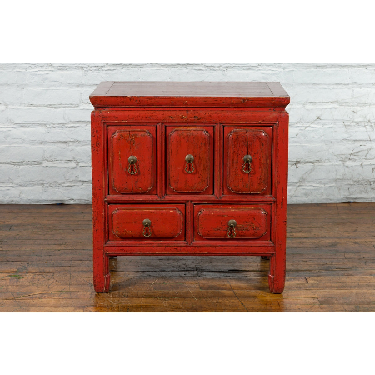 Chinese Qing Dynasty 19th Century Red Lacquer Side Chest with Five Drawers-4. Asian & Chinese Furniture, Art, Antiques, Vintage Home Décor for sale at FEA Home