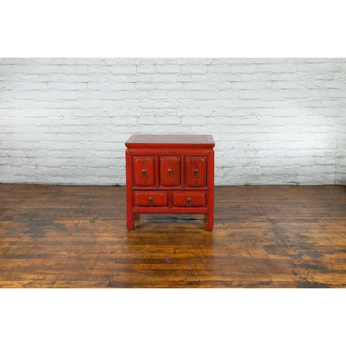 Chinese Qing Dynasty 19th Century Red Lacquer Side Chest with Five Drawers-5. Asian & Chinese Furniture, Art, Antiques, Vintage Home Décor for sale at FEA Home