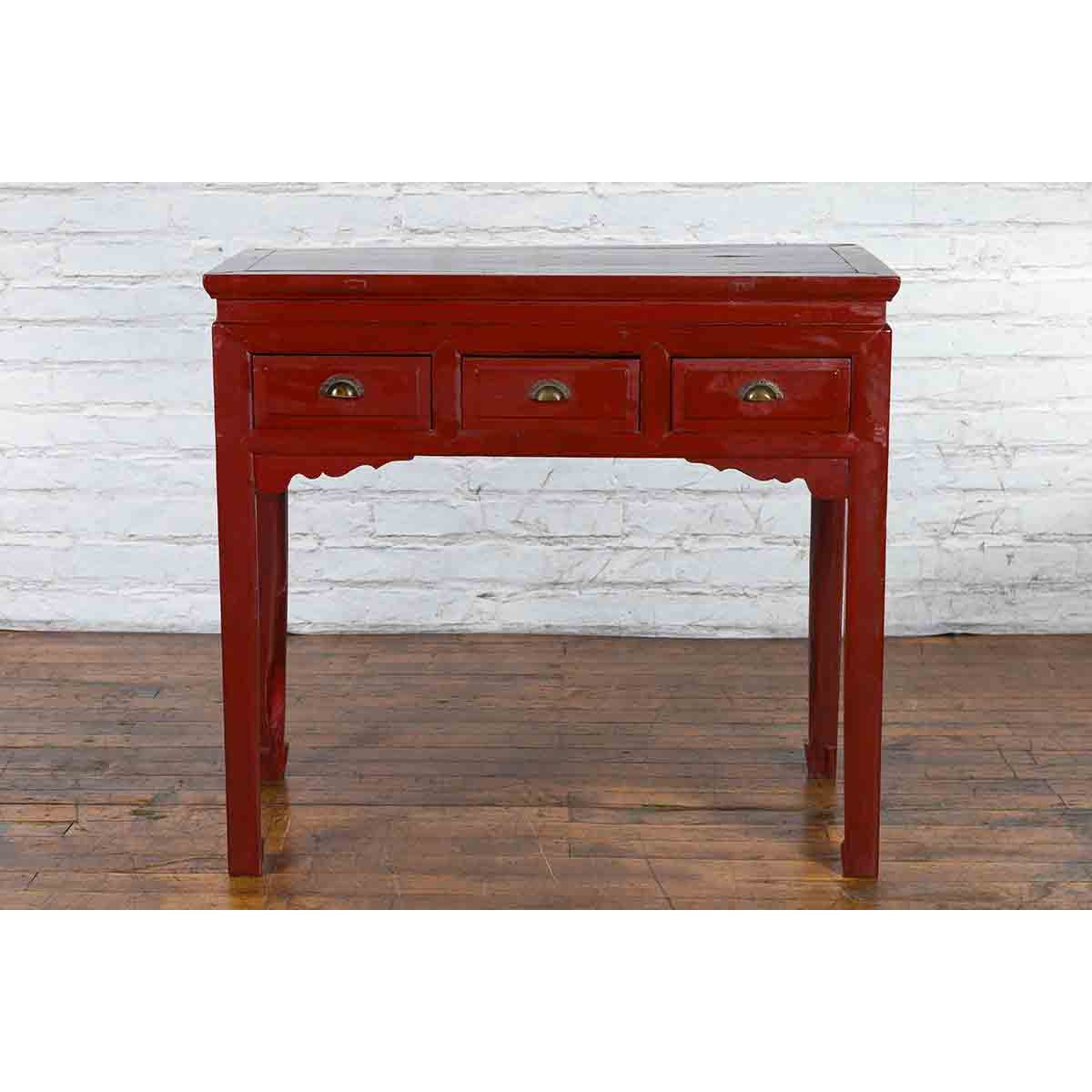 Chinese Vintage Red Lacquer Console Table with Drawers and Carved Spandrels-5. Asian & Chinese Furniture, Art, Antiques, Vintage Home Décor for sale at FEA Home