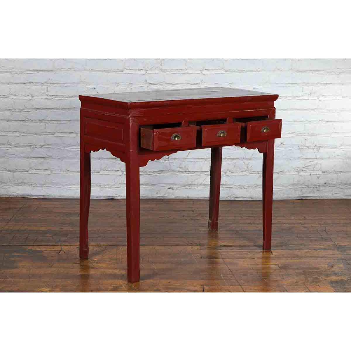 Chinese Vintage Red Lacquer Console Table with Drawers and Carved Spandrels-3. Asian & Chinese Furniture, Art, Antiques, Vintage Home Décor for sale at FEA Home