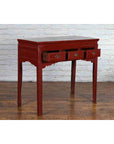 Chinese Vintage Red Lacquer Console Table with Drawers and Carved Spandrels-3. Asian & Chinese Furniture, Art, Antiques, Vintage Home Décor for sale at FEA Home