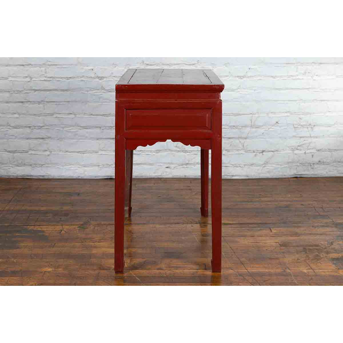 Chinese Vintage Red Lacquer Console Table with Drawers and Carved Spandrels-12. Asian & Chinese Furniture, Art, Antiques, Vintage Home Décor for sale at FEA Home