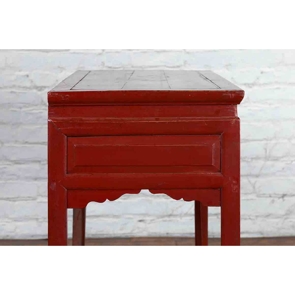 Chinese Vintage Red Lacquer Console Table with Drawers and Carved Spandrels-13. Asian & Chinese Furniture, Art, Antiques, Vintage Home Décor for sale at FEA Home