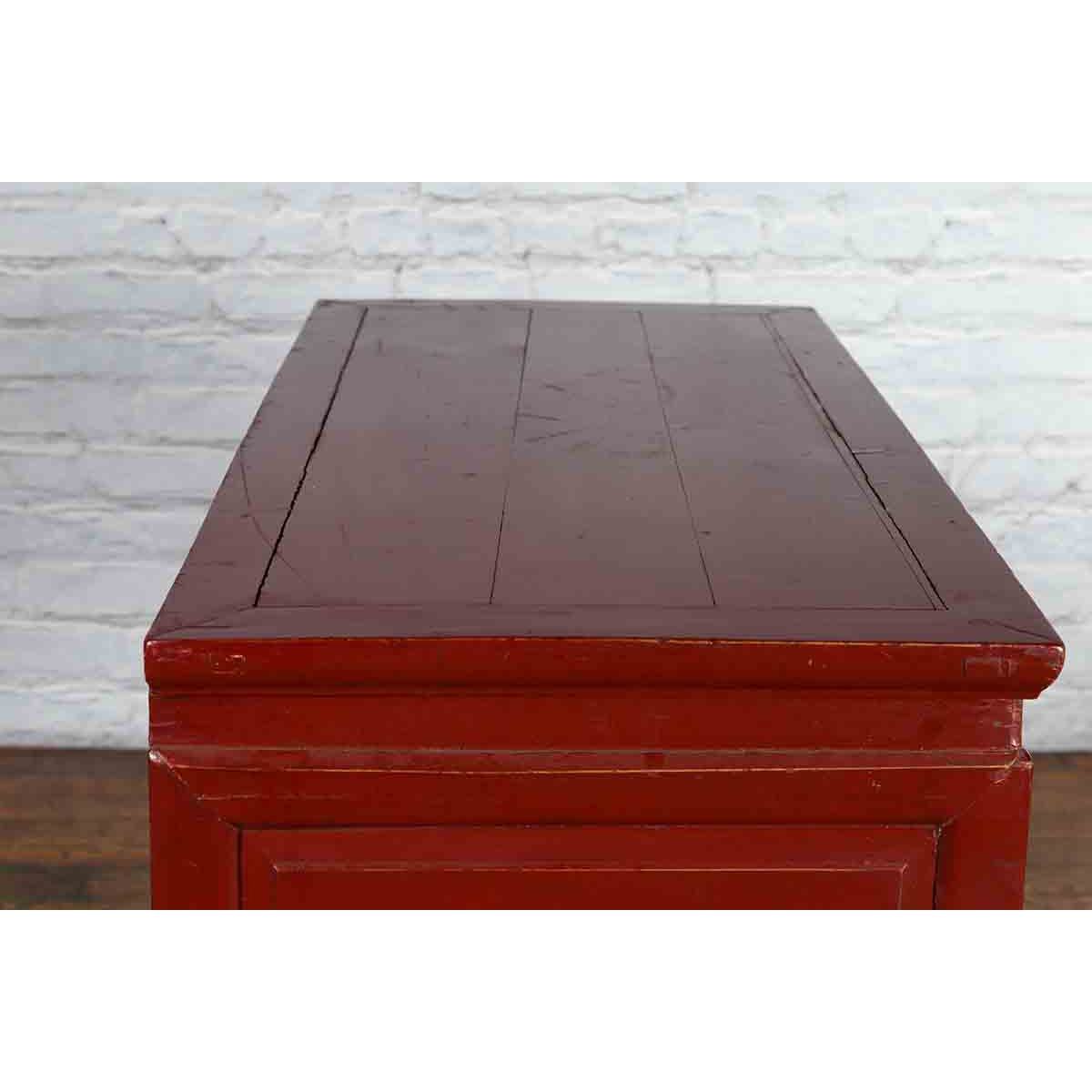 Chinese Vintage Red Lacquer Console Table with Drawers and Carved Spandrels-14. Asian & Chinese Furniture, Art, Antiques, Vintage Home Décor for sale at FEA Home