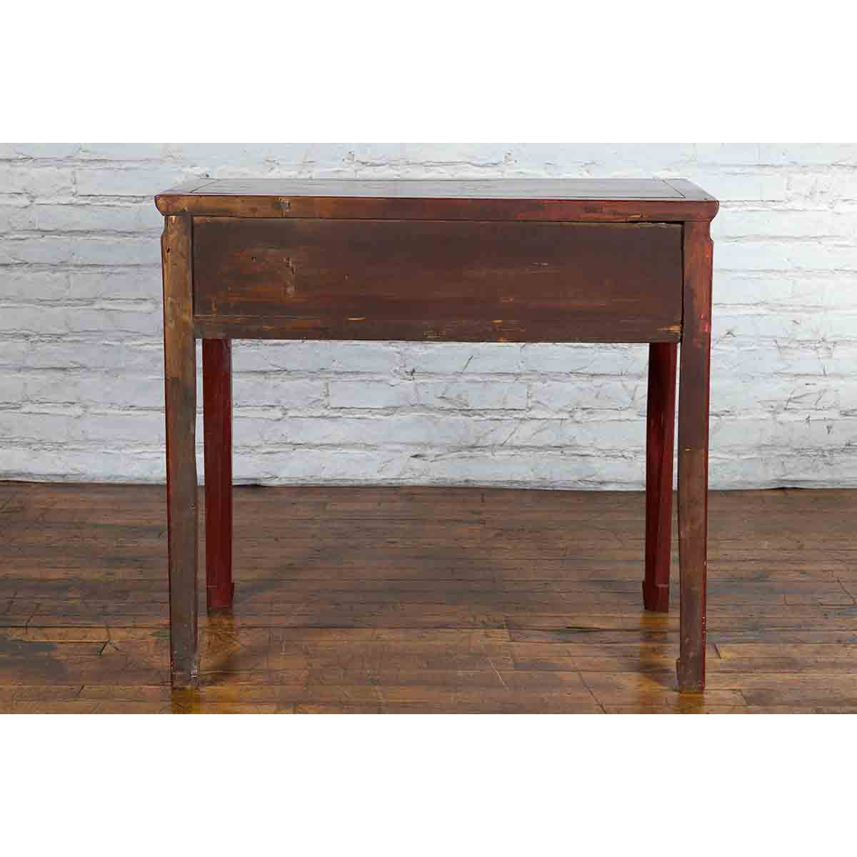 Chinese Vintage Red Lacquer Console Table with Drawers and Carved Spandrels-15. Asian & Chinese Furniture, Art, Antiques, Vintage Home Décor for sale at FEA Home