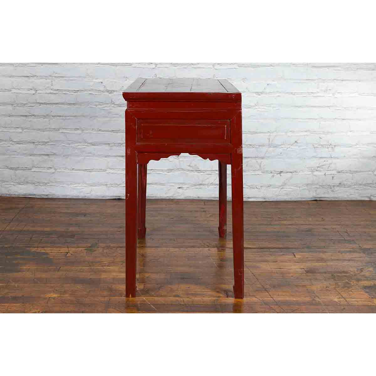 Chinese Vintage Red Lacquer Console Table with Drawers and Carved Spandrels-16. Asian & Chinese Furniture, Art, Antiques, Vintage Home Décor for sale at FEA Home