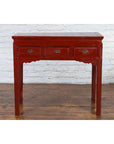 Chinese Vintage Red Lacquer Console Table with Drawers and Carved Spandrels-5. Asian & Chinese Furniture, Art, Antiques, Vintage Home Décor for sale at FEA Home