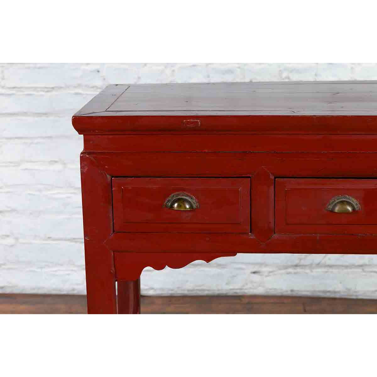 Chinese Vintage Red Lacquer Console Table with Drawers and Carved Spandrels-6. Asian & Chinese Furniture, Art, Antiques, Vintage Home Décor for sale at FEA Home