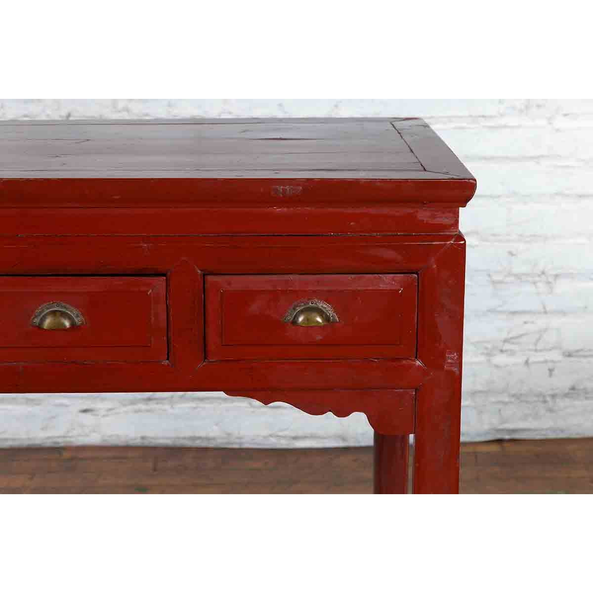 Chinese Vintage Red Lacquer Console Table with Drawers and Carved Spandrels-7. Asian & Chinese Furniture, Art, Antiques, Vintage Home Décor for sale at FEA Home
