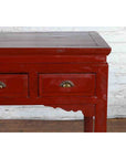 Chinese Vintage Red Lacquer Console Table with Drawers and Carved Spandrels-7. Asian & Chinese Furniture, Art, Antiques, Vintage Home Décor for sale at FEA Home