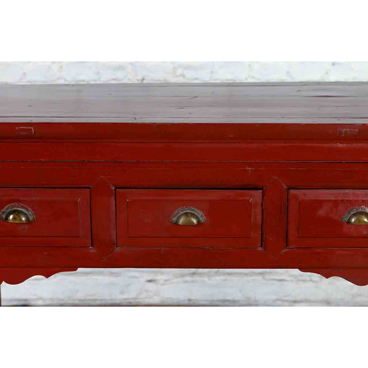 Chinese Vintage Red Lacquer Console Table with Drawers and Carved Spandrels-8. Asian & Chinese Furniture, Art, Antiques, Vintage Home Décor for sale at FEA Home