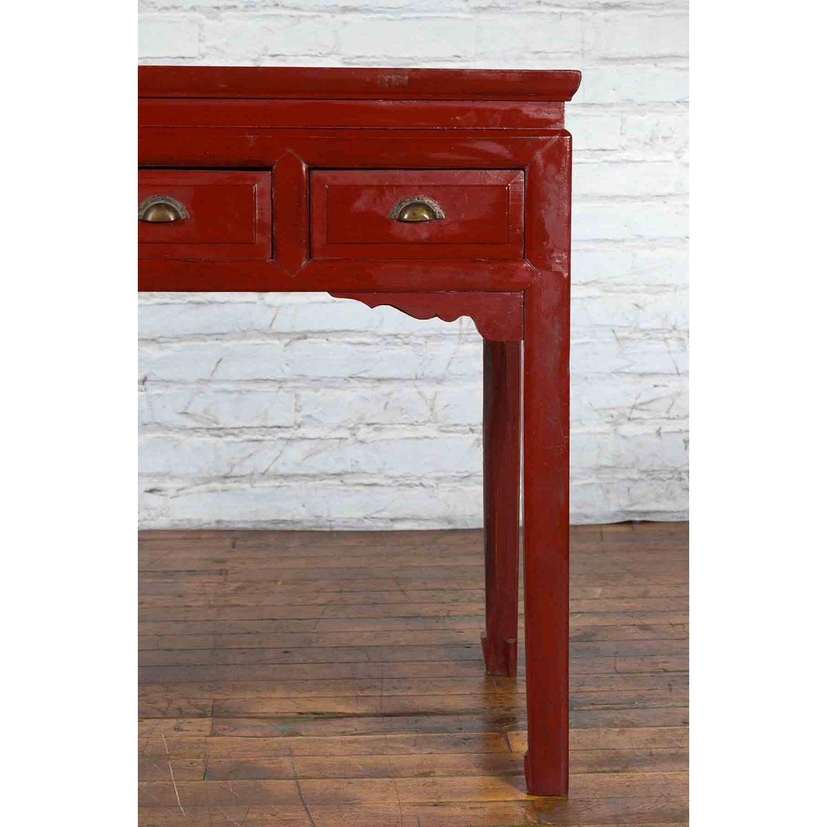 Chinese Vintage Red Lacquer Console Table with Drawers and Carved Spandrels-10. Asian & Chinese Furniture, Art, Antiques, Vintage Home Décor for sale at FEA Home
