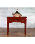 Chinese Vintage Red Lacquer Console Table with Drawers and Carved Spandrels-2. Asian & Chinese Furniture, Art, Antiques, Vintage Home Décor for sale at FEA Home