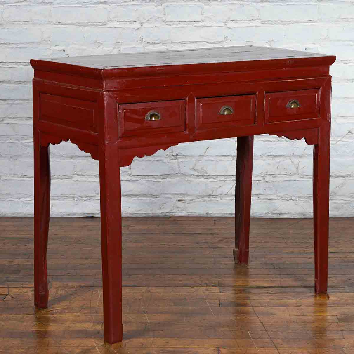 Chinese Vintage Red Lacquer Console Table with Drawers and Carved Spandrels-4. Asian & Chinese Furniture, Art, Antiques, Vintage Home Décor for sale at FEA Home