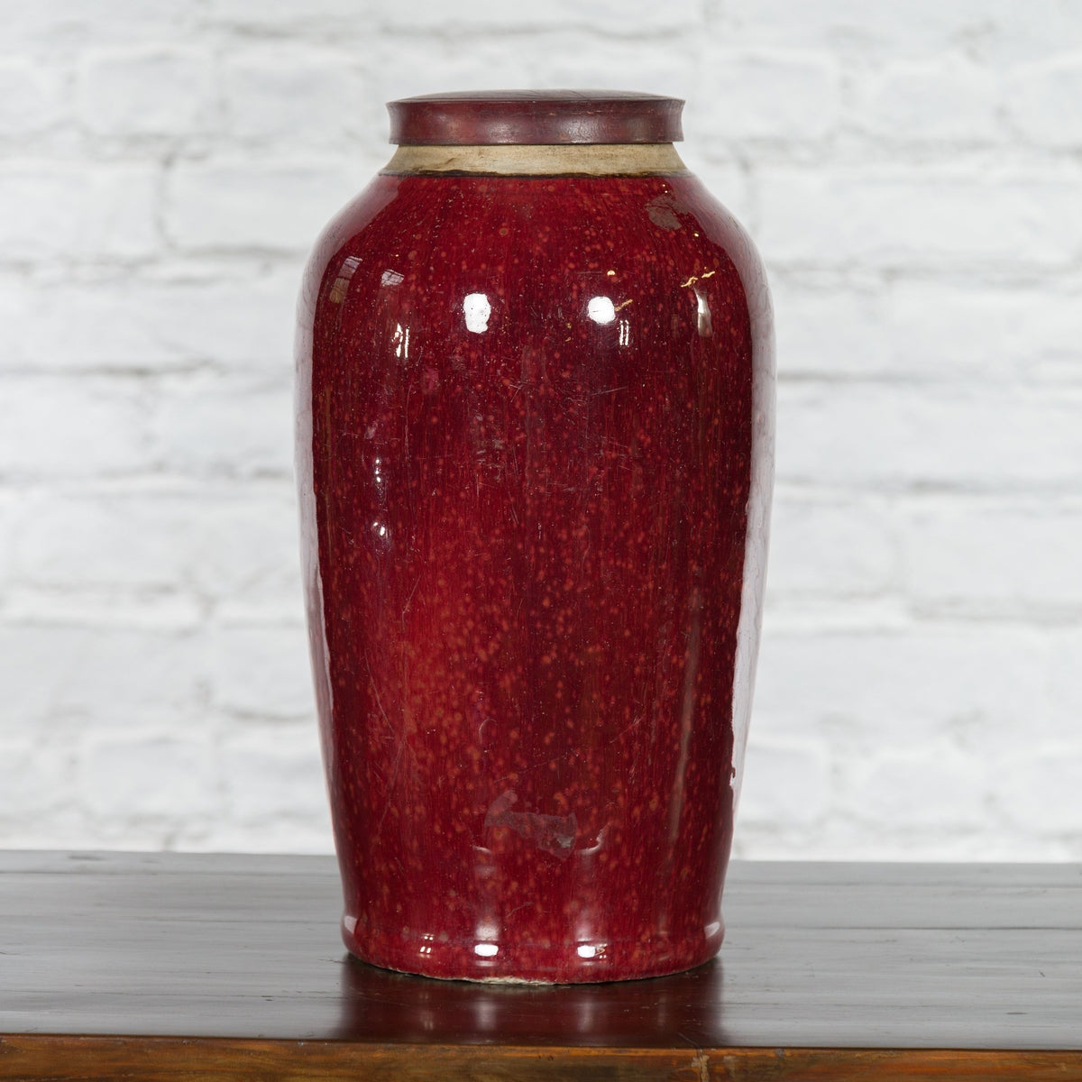 Chinese Qing Dynasty 18th or 19th Century Oxblood Jar with Circular Lid-9. Asian & Chinese Furniture, Art, Antiques, Vintage Home Décor for sale at FEA Home