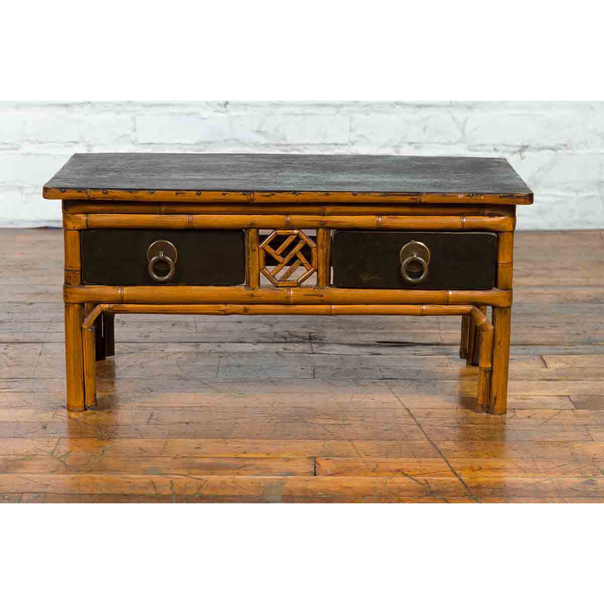 Chinese Vintage Black Lacquered Elmwood and Bamboo Side Table with Fretwork-10. Asian & Chinese Furniture, Art, Antiques, Vintage Home Décor for sale at FEA Home