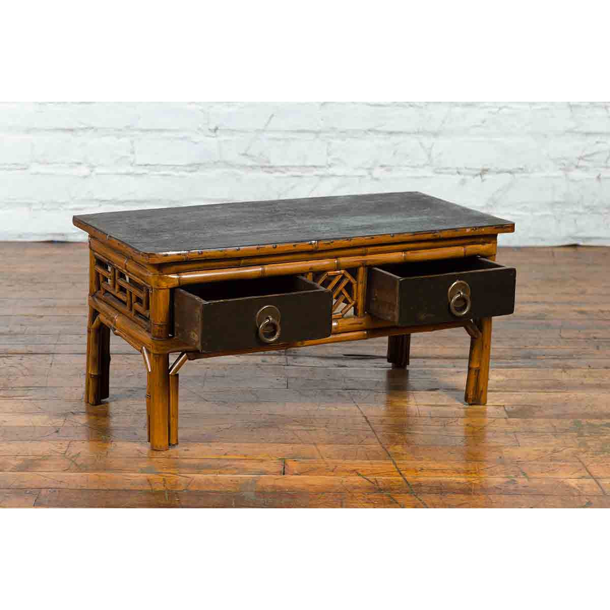 Chinese Vintage Black Lacquered Elmwood and Bamboo Side Table with Fretwork-2. Asian & Chinese Furniture, Art, Antiques, Vintage Home Décor for sale at FEA Home