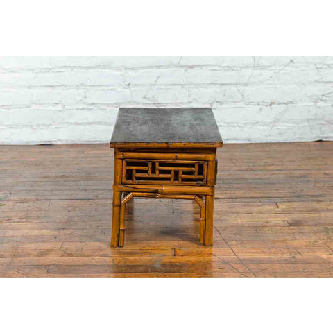 Chinese Vintage Black Lacquered Elmwood and Bamboo Side Table with Fretwork-YN1504-7. Asian & Chinese Furniture, Art, Antiques, Vintage Home Décor for sale at FEA Home
