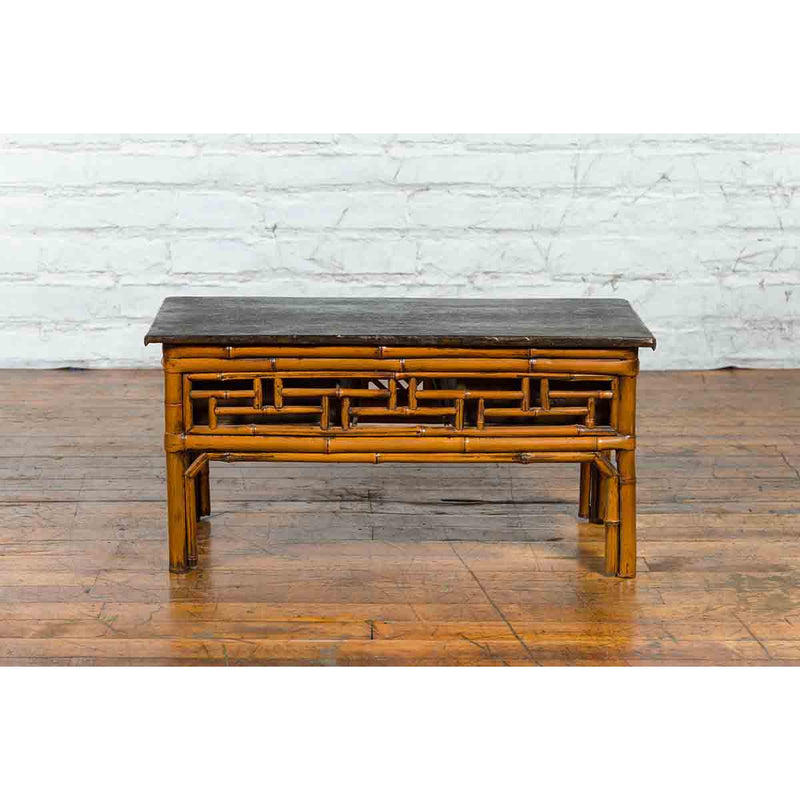 Chinese Vintage Black Lacquered Elmwood and Bamboo Side Table with Fretwork-YN1504-8. Asian & Chinese Furniture, Art, Antiques, Vintage Home Décor for sale at FEA Home