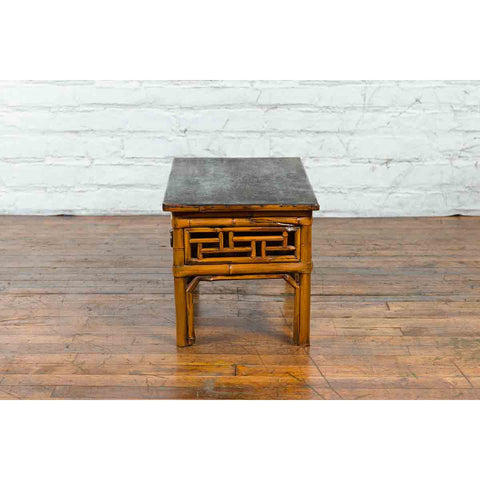 Chinese Vintage Black Lacquered Elmwood and Bamboo Side Table with Fretwork-YN1504-9. Asian & Chinese Furniture, Art, Antiques, Vintage Home Décor for sale at FEA Home