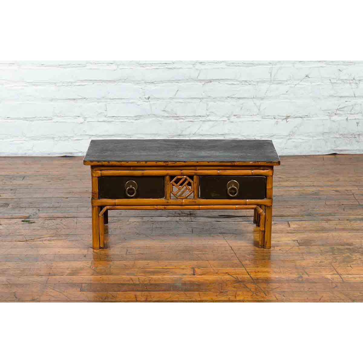 Chinese Vintage Black Lacquered Elmwood and Bamboo Side Table with Fretwork-11. Asian & Chinese Furniture, Art, Antiques, Vintage Home Décor for sale at FEA Home