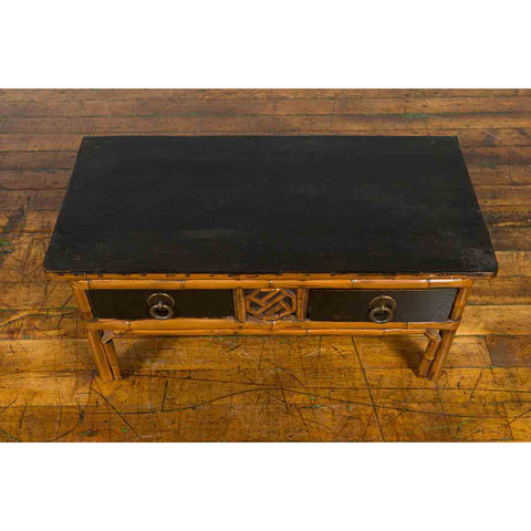 Chinese Vintage Black Lacquered Elmwood and Bamboo Side Table with Fretwork-YN1504-12. Asian & Chinese Furniture, Art, Antiques, Vintage Home Décor for sale at FEA Home