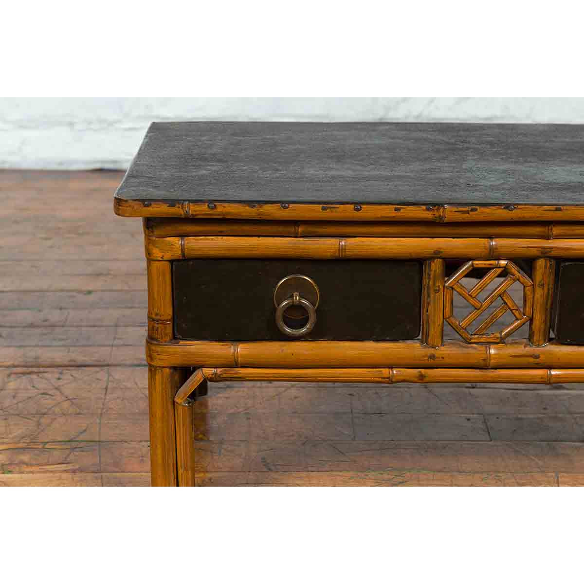 Chinese Vintage Black Lacquered Elmwood and Bamboo Side Table with Fretwork-13. Asian & Chinese Furniture, Art, Antiques, Vintage Home Décor for sale at FEA Home