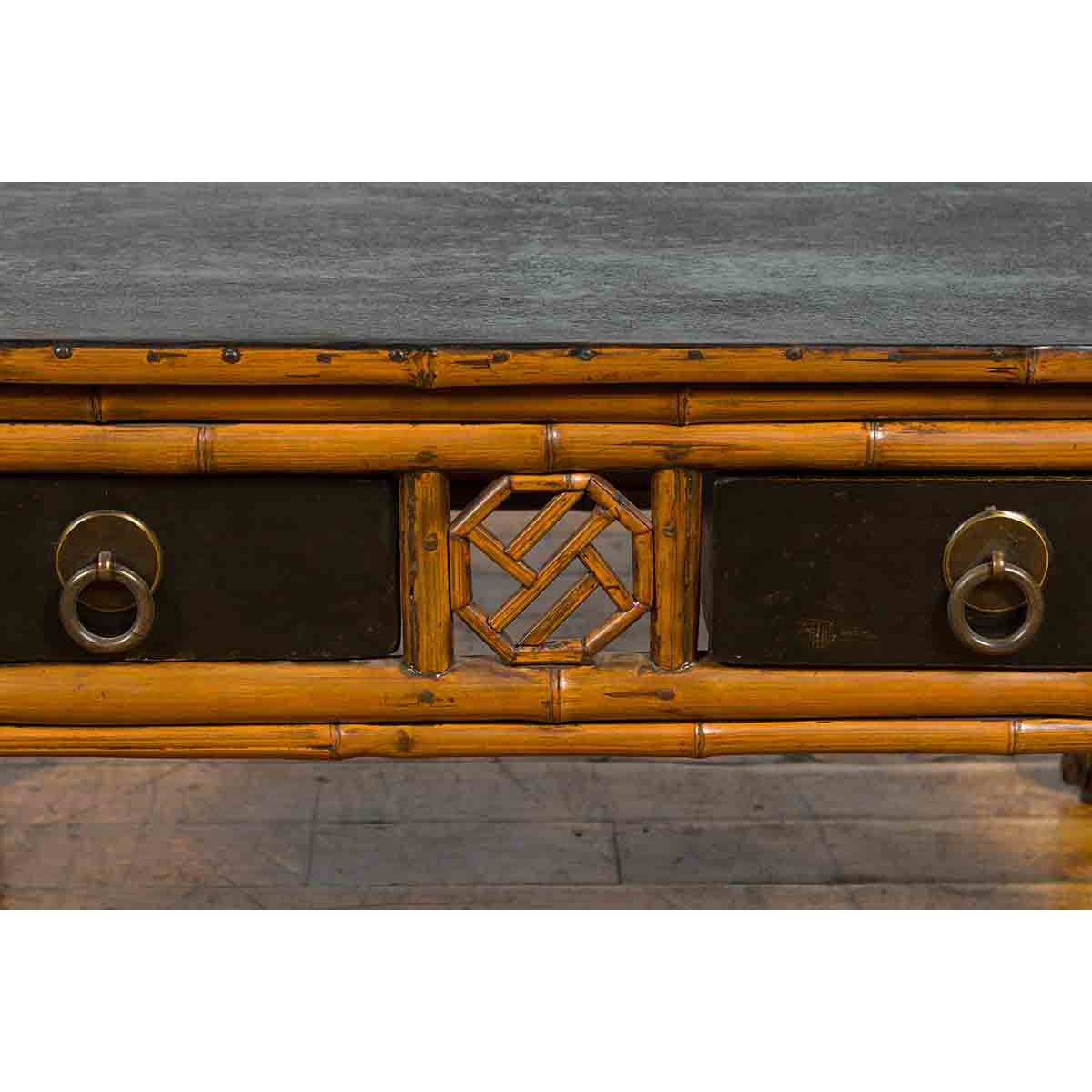 Chinese Vintage Black Lacquered Elmwood and Bamboo Side Table with Fretwork-14. Asian & Chinese Furniture, Art, Antiques, Vintage Home Décor for sale at FEA Home