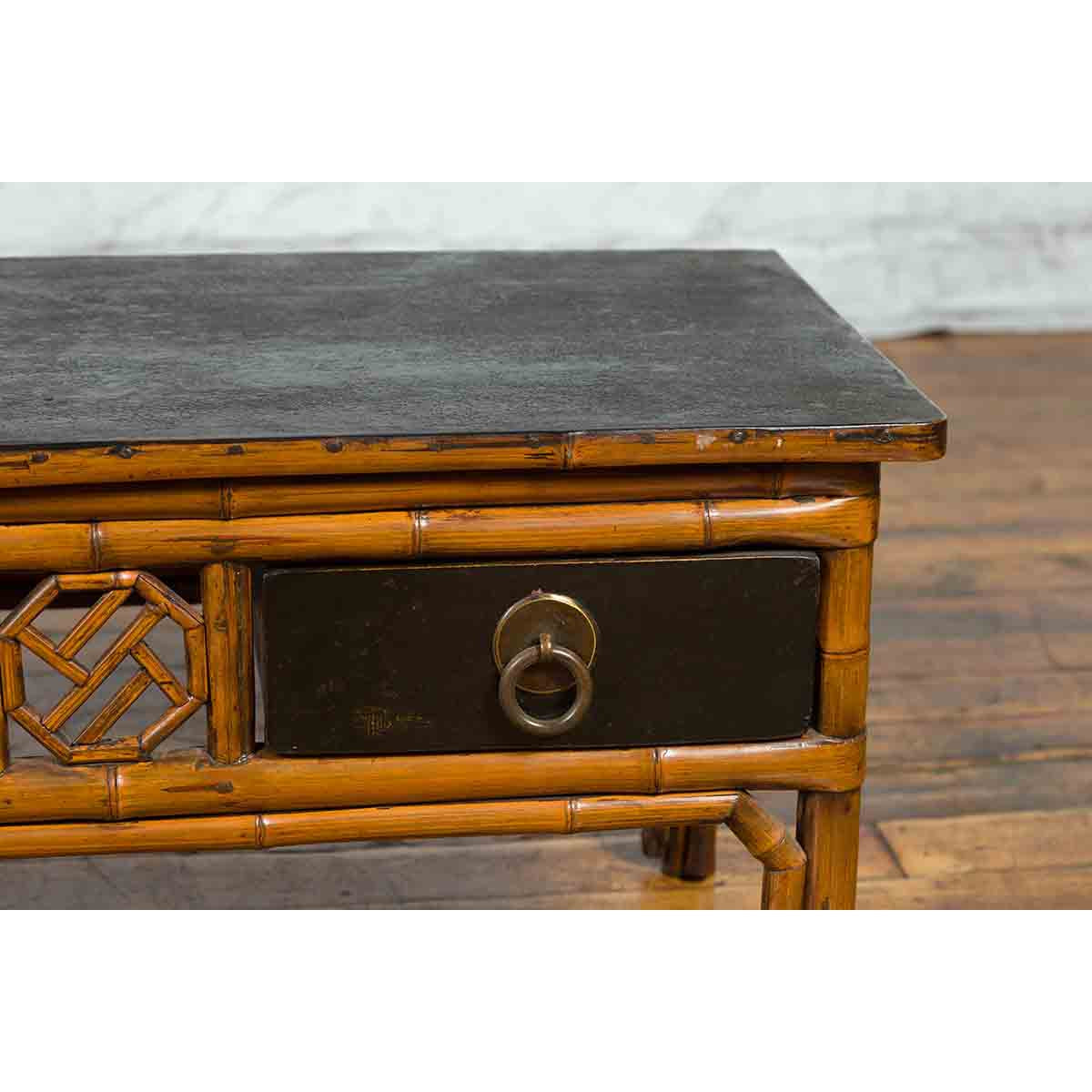 Chinese Vintage Black Lacquered Elmwood and Bamboo Side Table with Fretwork-4. Asian & Chinese Furniture, Art, Antiques, Vintage Home Décor for sale at FEA Home