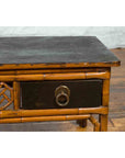 Chinese Vintage Black Lacquered Elmwood and Bamboo Side Table with Fretwork-4. Asian & Chinese Furniture, Art, Antiques, Vintage Home Décor for sale at FEA Home