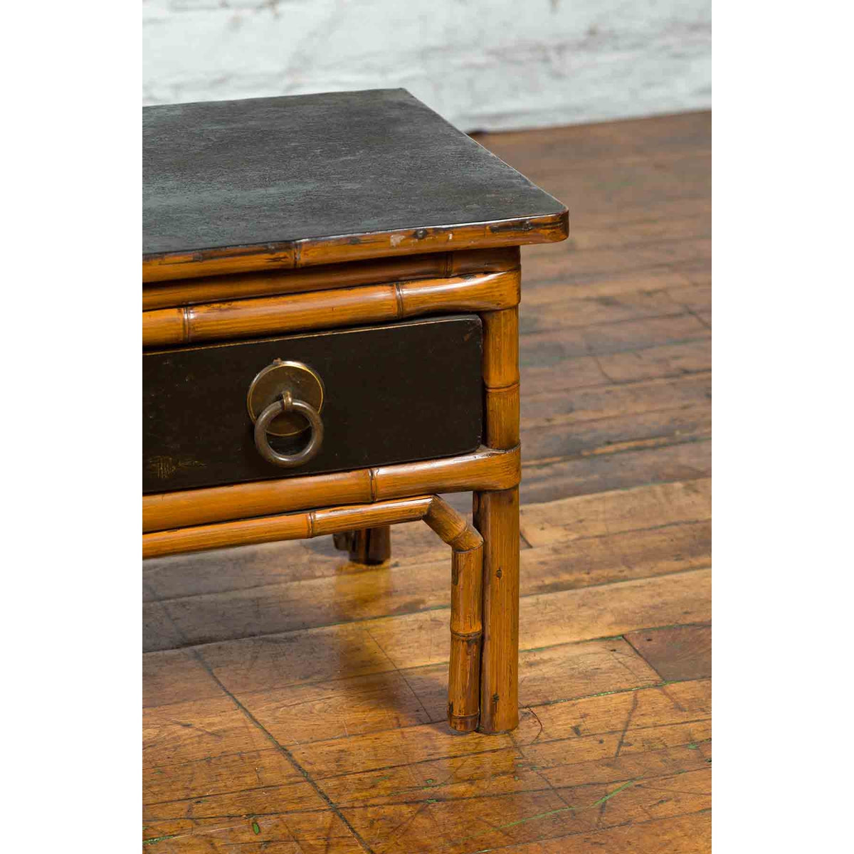 Chinese Vintage Black Lacquered Elmwood and Bamboo Side Table with Fretwork-5. Asian & Chinese Furniture, Art, Antiques, Vintage Home Décor for sale at FEA Home