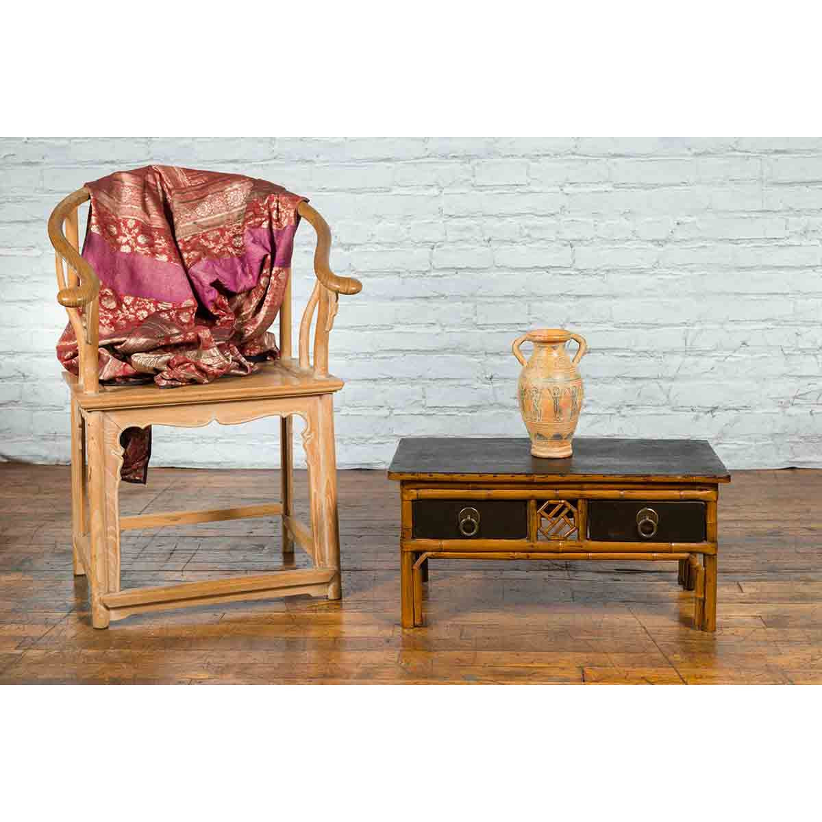 Chinese Vintage Black Lacquered Elmwood and Bamboo Side Table with Fretwork-3. Asian & Chinese Furniture, Art, Antiques, Vintage Home Décor for sale at FEA Home