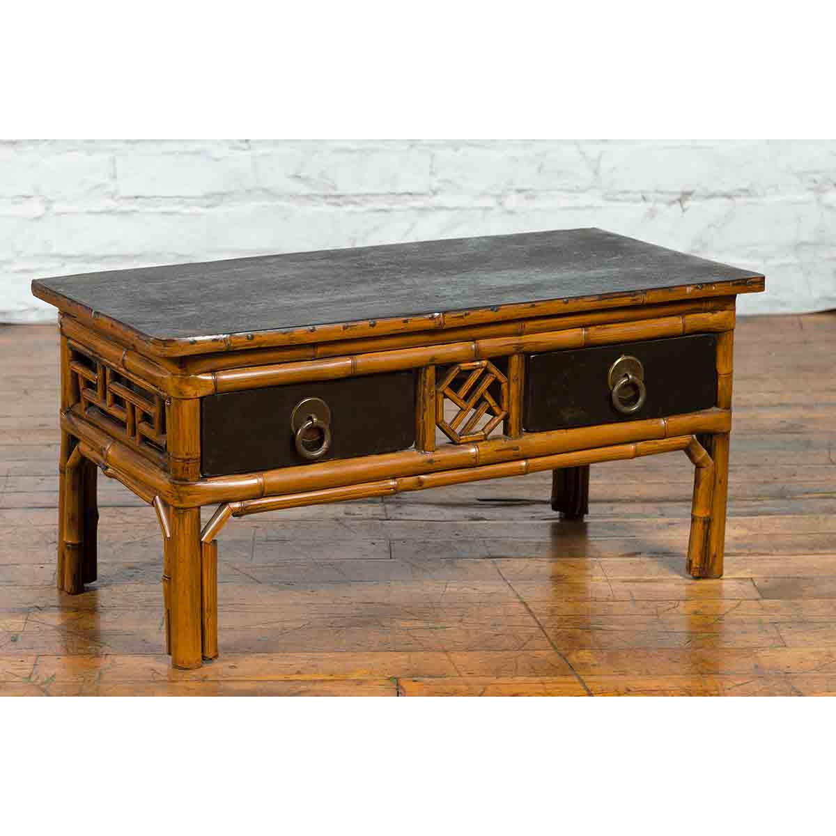 Chinese Vintage Black Lacquered Elmwood and Bamboo Side Table with Fretwork-6. Asian & Chinese Furniture, Art, Antiques, Vintage Home Décor for sale at FEA Home
