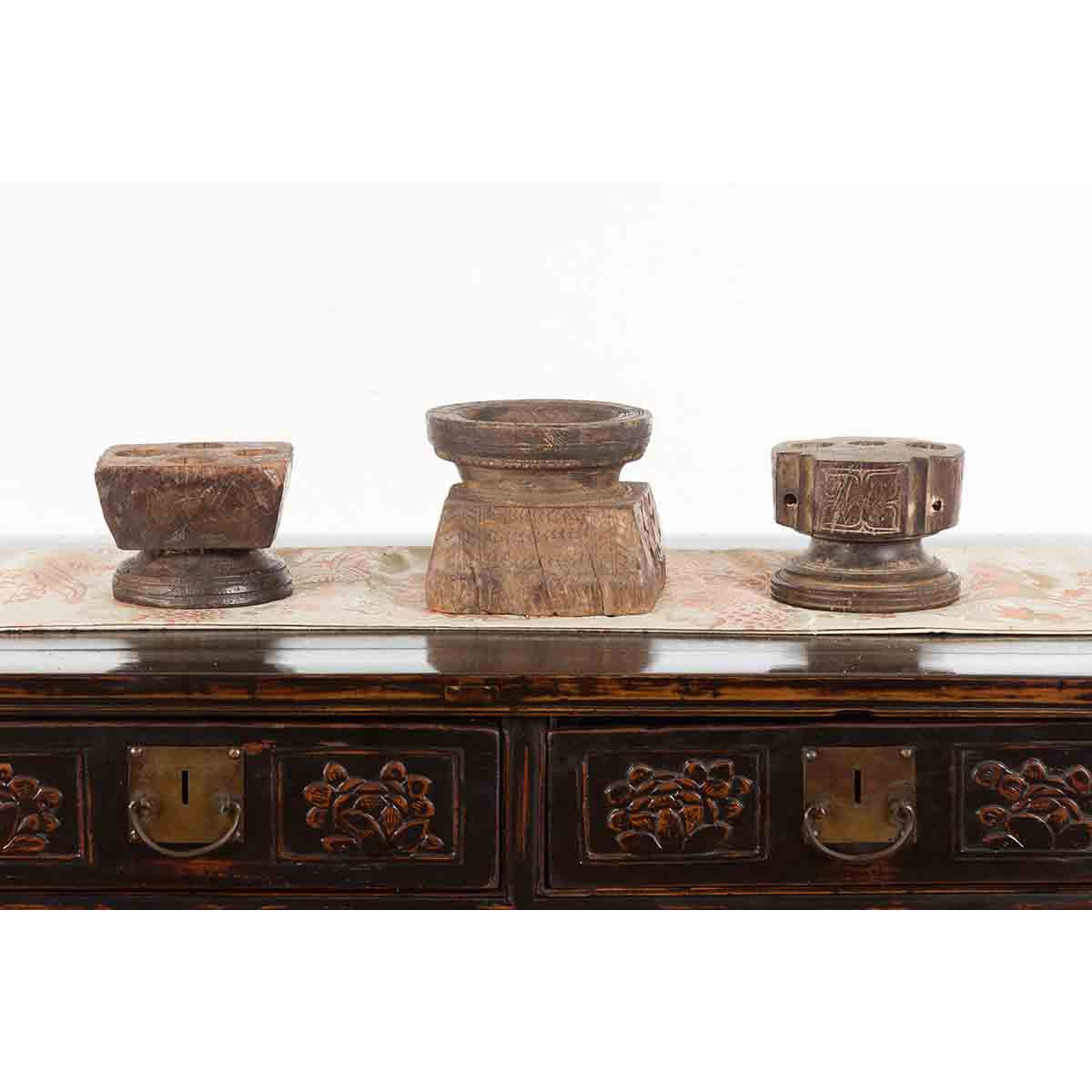 Set of Three Indian 19th Century Seed Planters with Carved Motifs and Patina-11. Asian & Chinese Furniture, Art, Antiques, Vintage Home Décor for sale at FEA Home