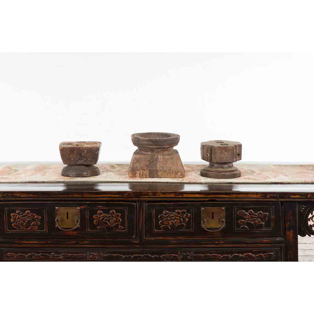 Set of Three Indian 19th Century Seed Planters with Carved Motifs and Patina-12. Asian & Chinese Furniture, Art, Antiques, Vintage Home Décor for sale at FEA Home