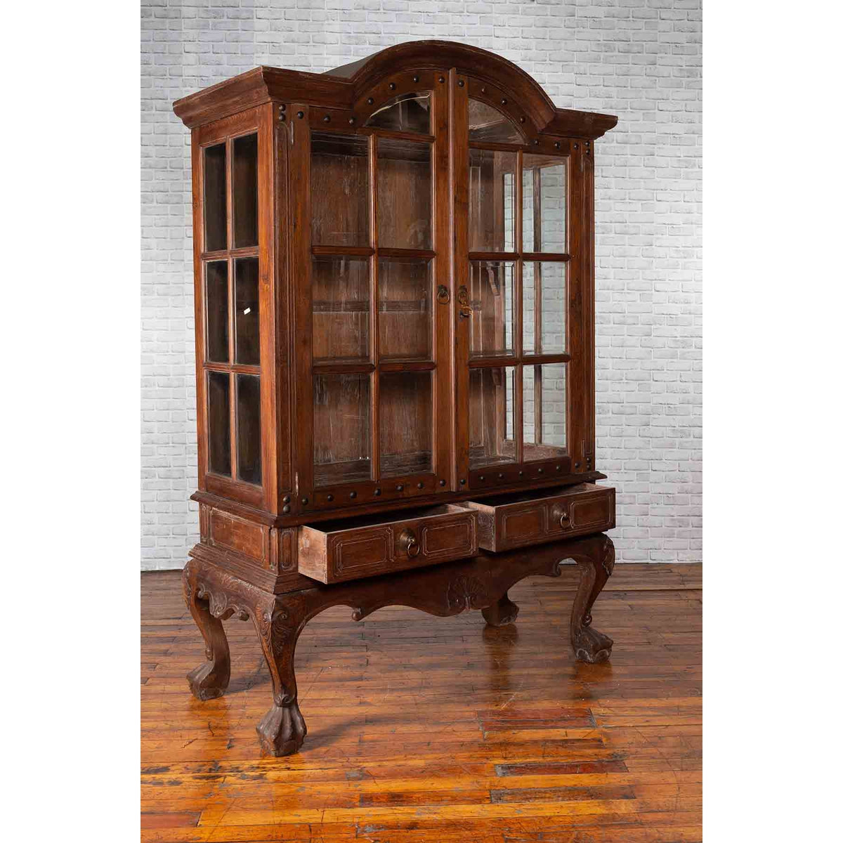 Large Javanese Cabinet with Paneled Glass Doors, Bonnet Top and Cabriole Legs-3. Asian & Chinese Furniture, Art, Antiques, Vintage Home Décor for sale at FEA Home